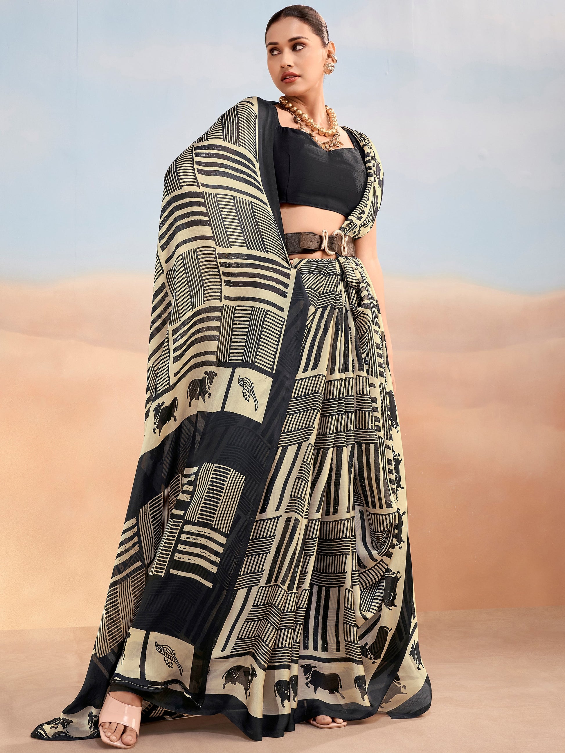 Beautiful Black Chiffon Printed Casual Wear Saree With Blouse