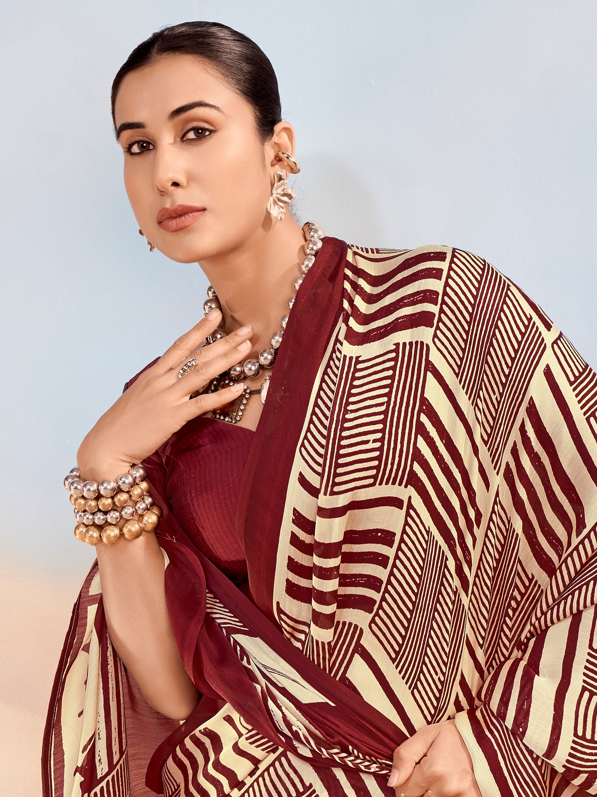 Impressive Maroon Printed Chiffon Casual Wear Saree With Blouse