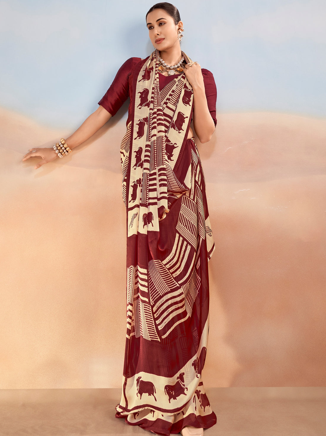Impressive Maroon Printed Chiffon Casual Wear Saree With Blouse