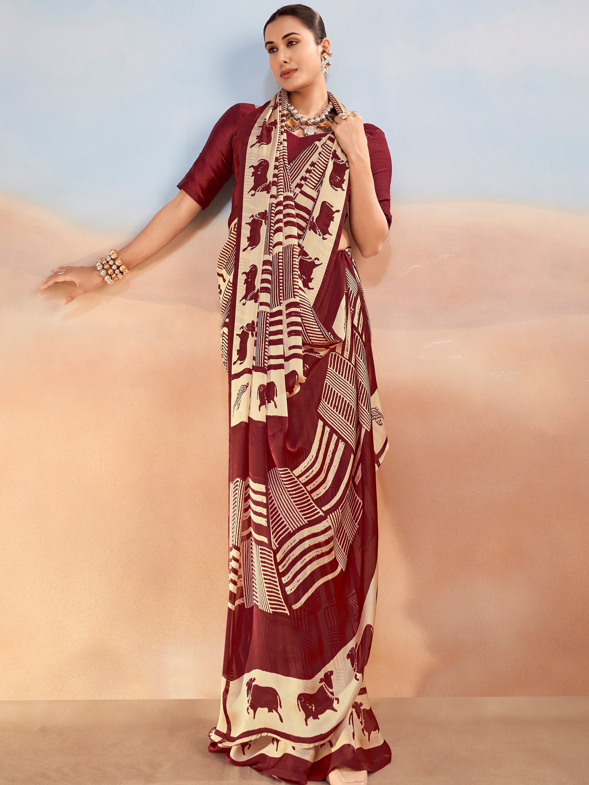 Impressive Maroon Printed Chiffon Casual Wear Saree With Blouse