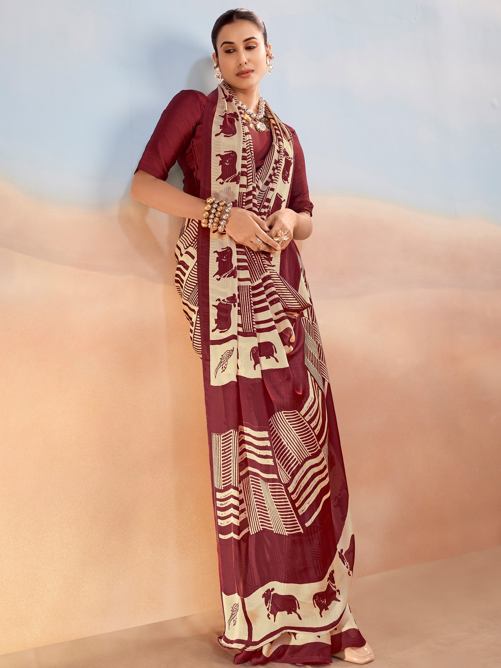 Impressive Maroon Printed Chiffon Casual Wear Saree With Blouse