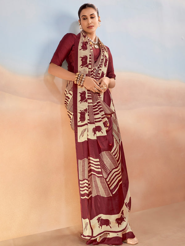 Impressive Maroon Printed Chiffon Casual Wear Saree With Blouse