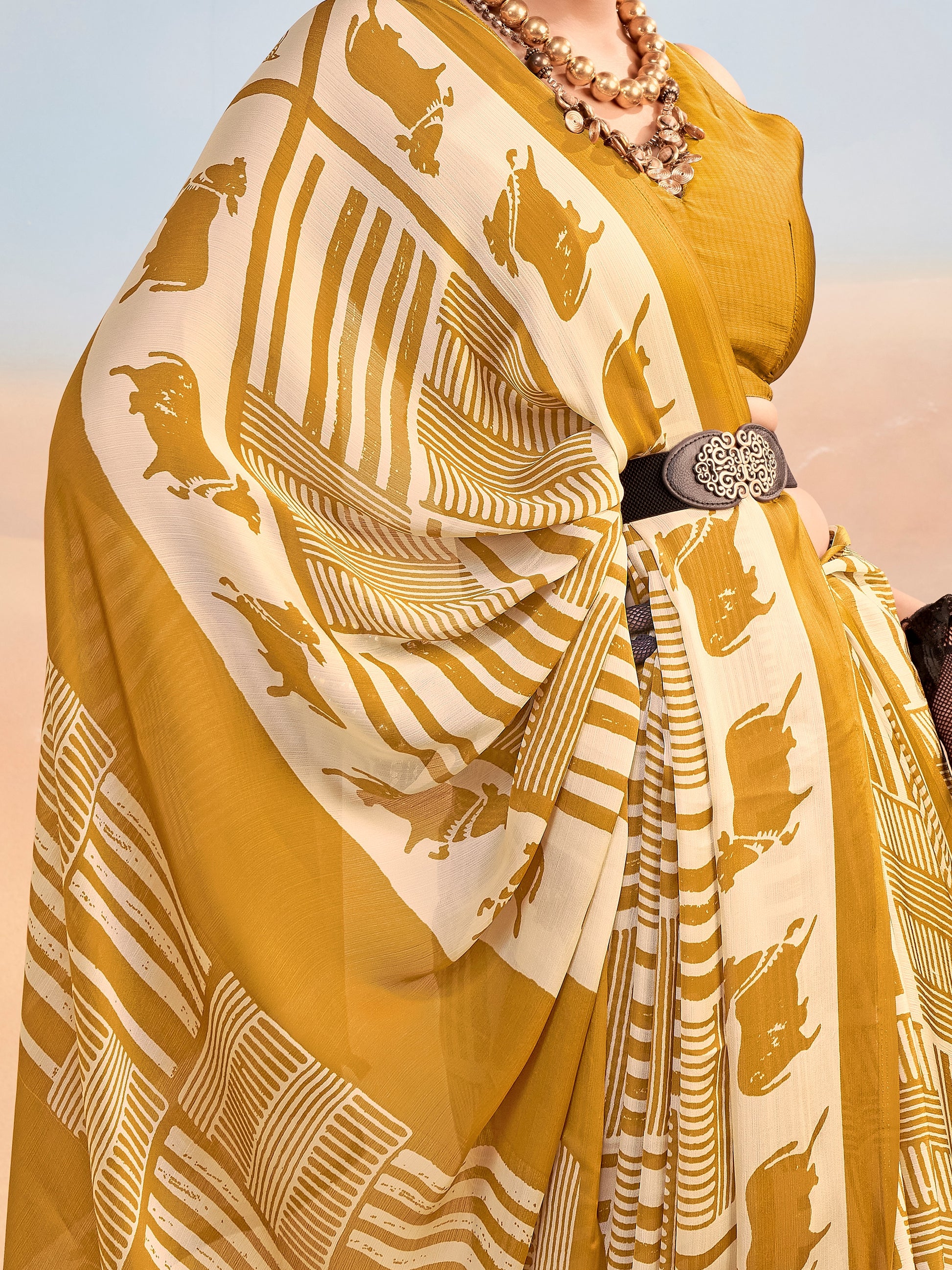 Fashionable Mustard Printed Chiffon Office Wear Saree With Blouse