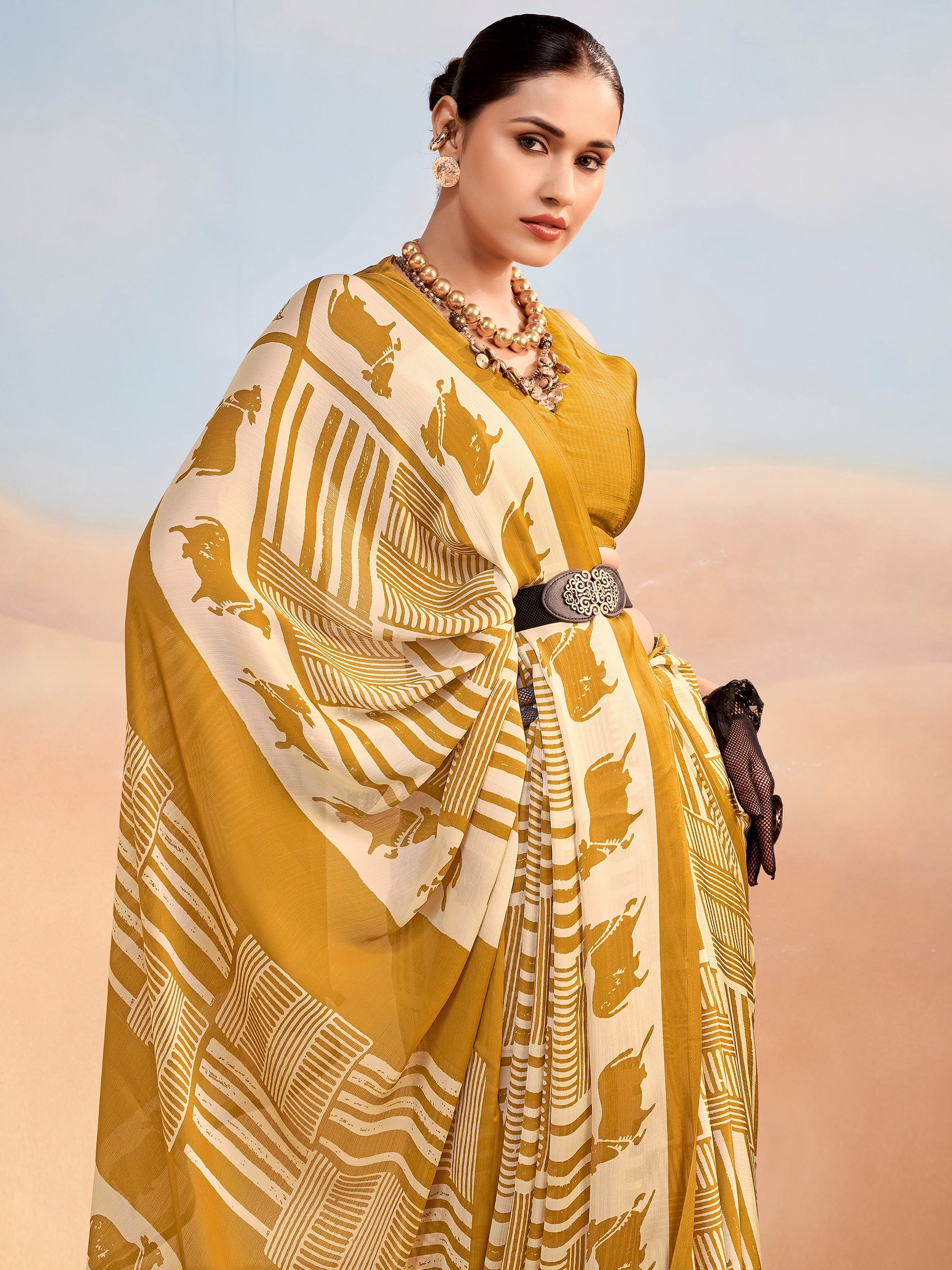 Fashionable Mustard Printed Chiffon Office Wear Saree With Blouse