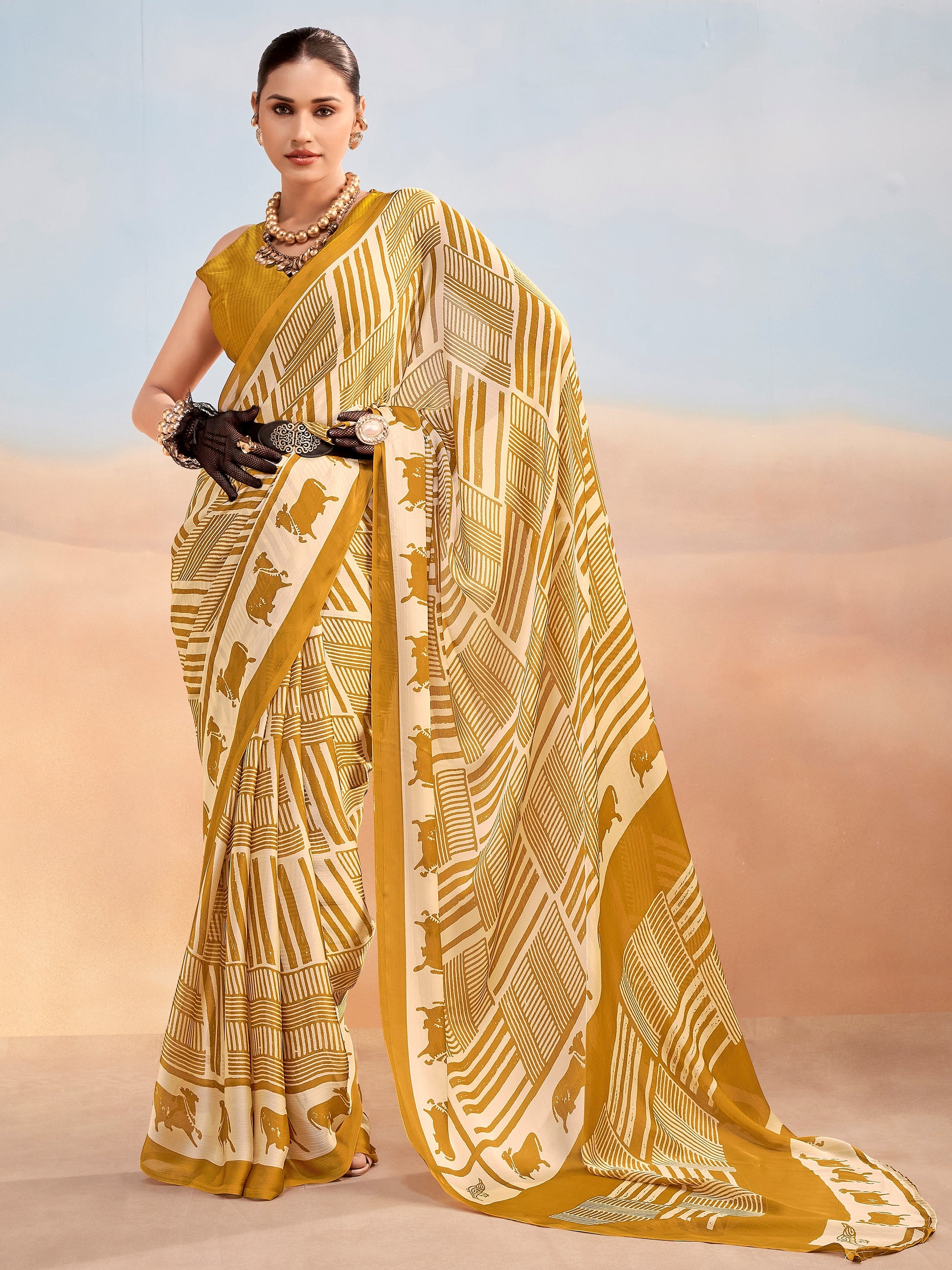Fashionable Mustard Printed Chiffon Office Wear Saree With Blouse