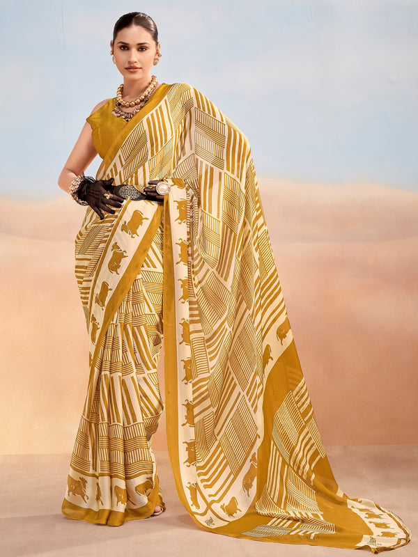 Fashionable Mustard Printed Chiffon Office Wear Saree With Blouse