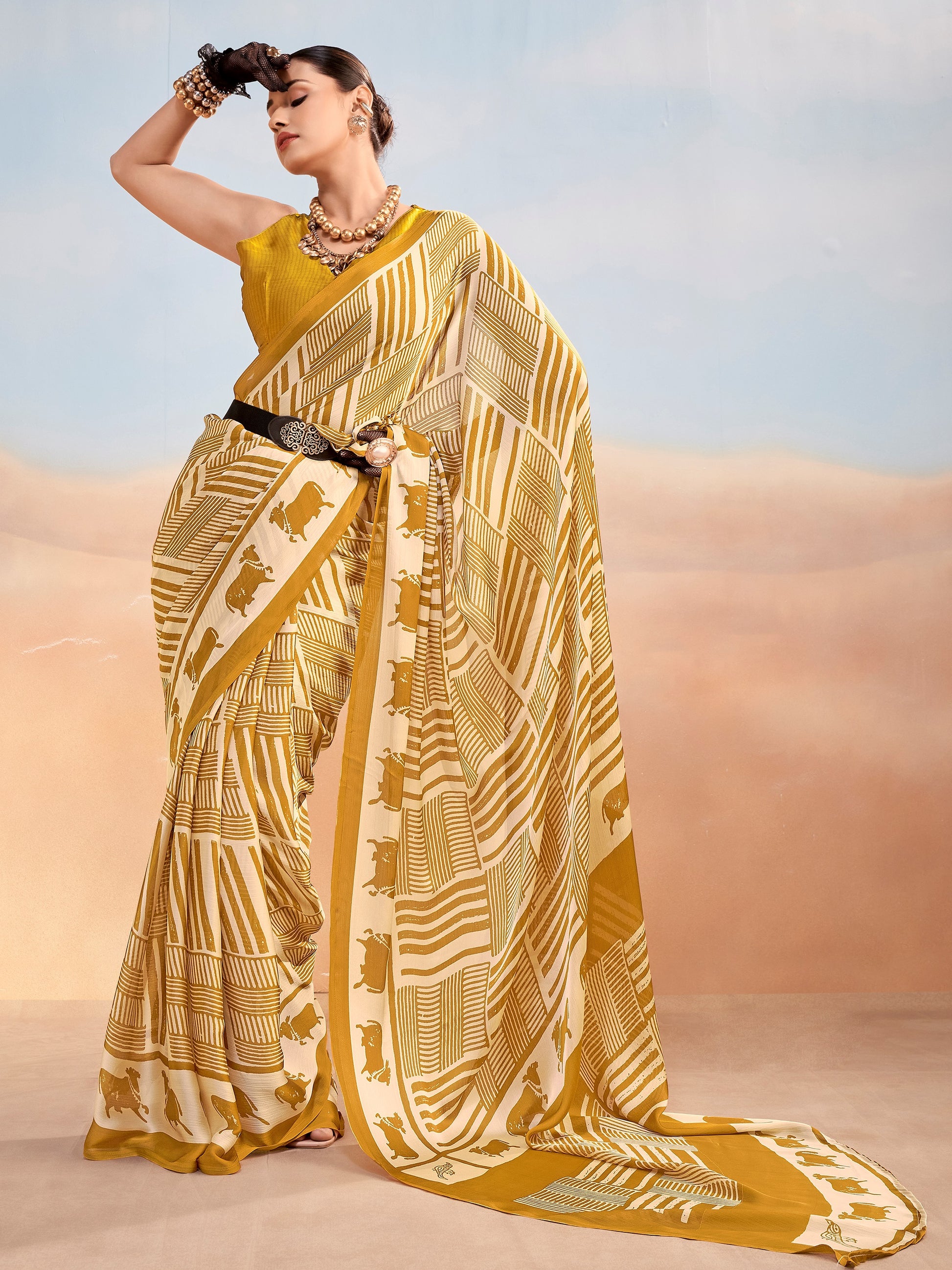 Fashionable Mustard Printed Chiffon Office Wear Saree With Blouse
