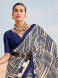 Incredible Navy Blue Printed Chiffon Casual Wear Saree With Blouse