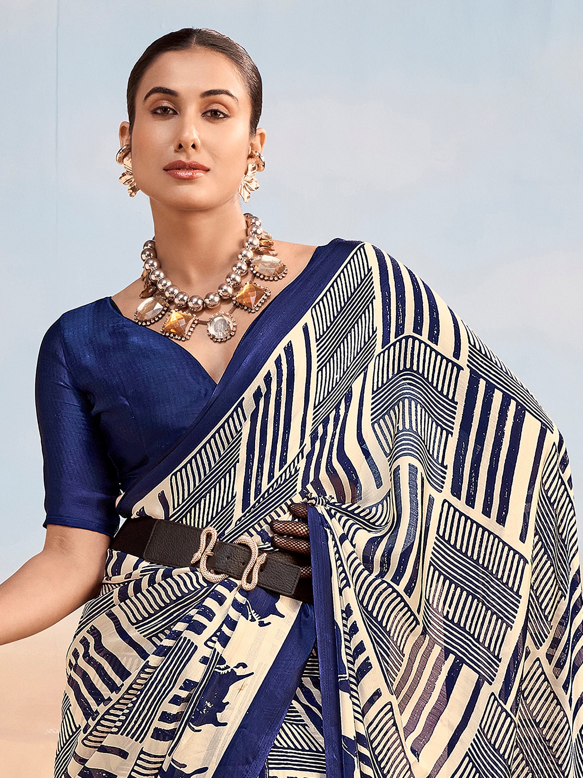 Incredible Navy Blue Printed Chiffon Casual Wear Saree With Blouse