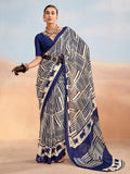 Incredible Navy Blue Printed Chiffon Casual Wear Saree With Blouse