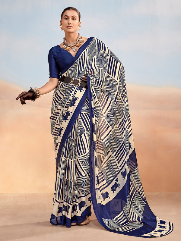 Incredible Navy Blue Printed Chiffon Casual Wear Saree With Blouse