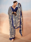 Incredible Navy Blue Printed Chiffon Casual Wear Saree With Blouse