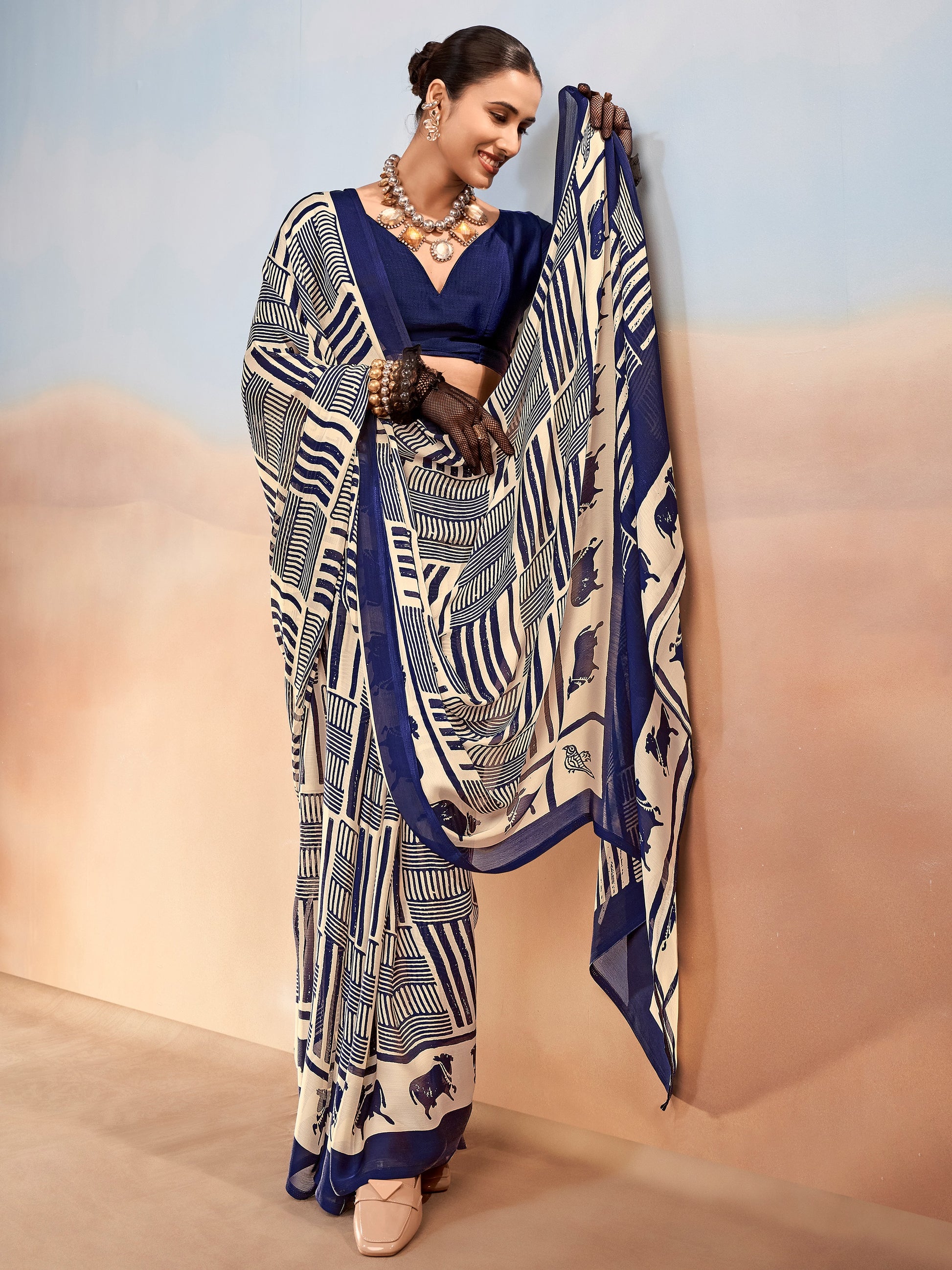 Incredible Navy Blue Printed Chiffon Casual Wear Saree With Blouse