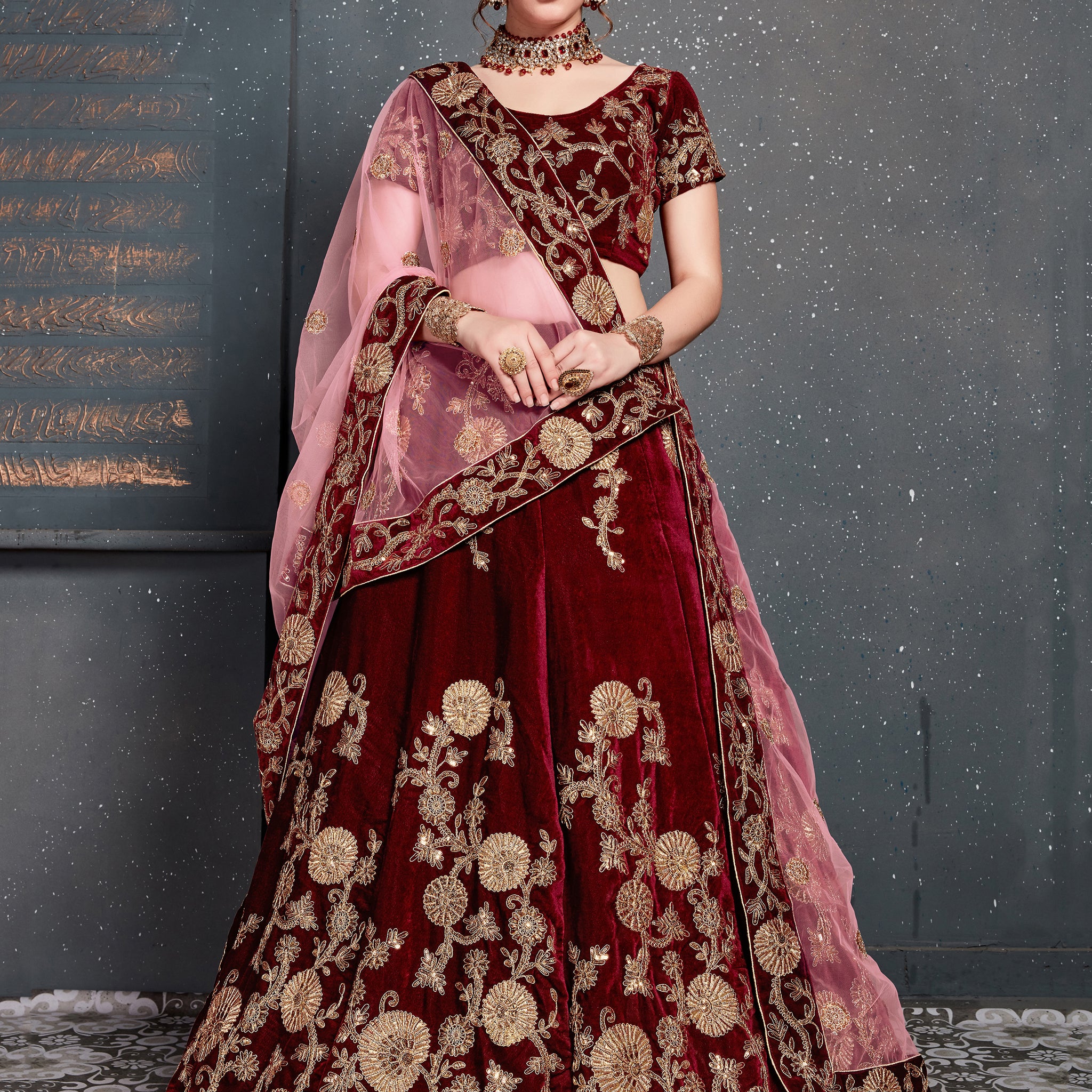 Alluring Maroon Dori Work Velvet Bridal Lehenga Choli With Dupatta