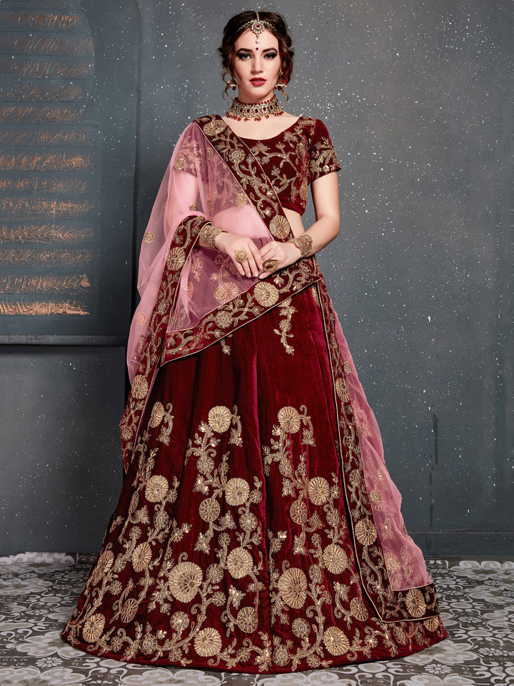 Alluring Maroon Dori Work Velvet Bridal Lehenga Choli With Dupatta