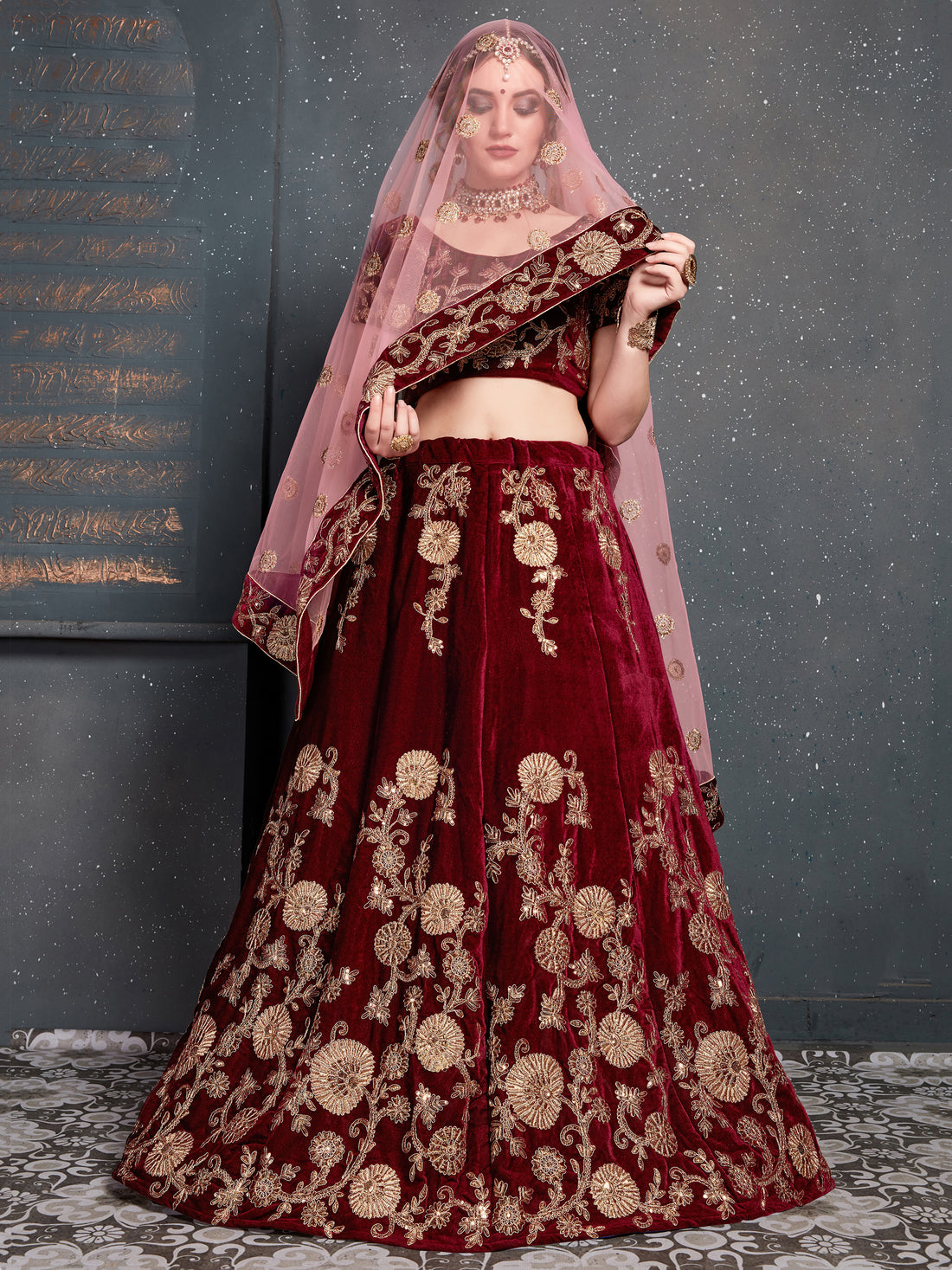 Alluring Maroon Dori Work Velvet Bridal Lehenga Choli With Dupatta