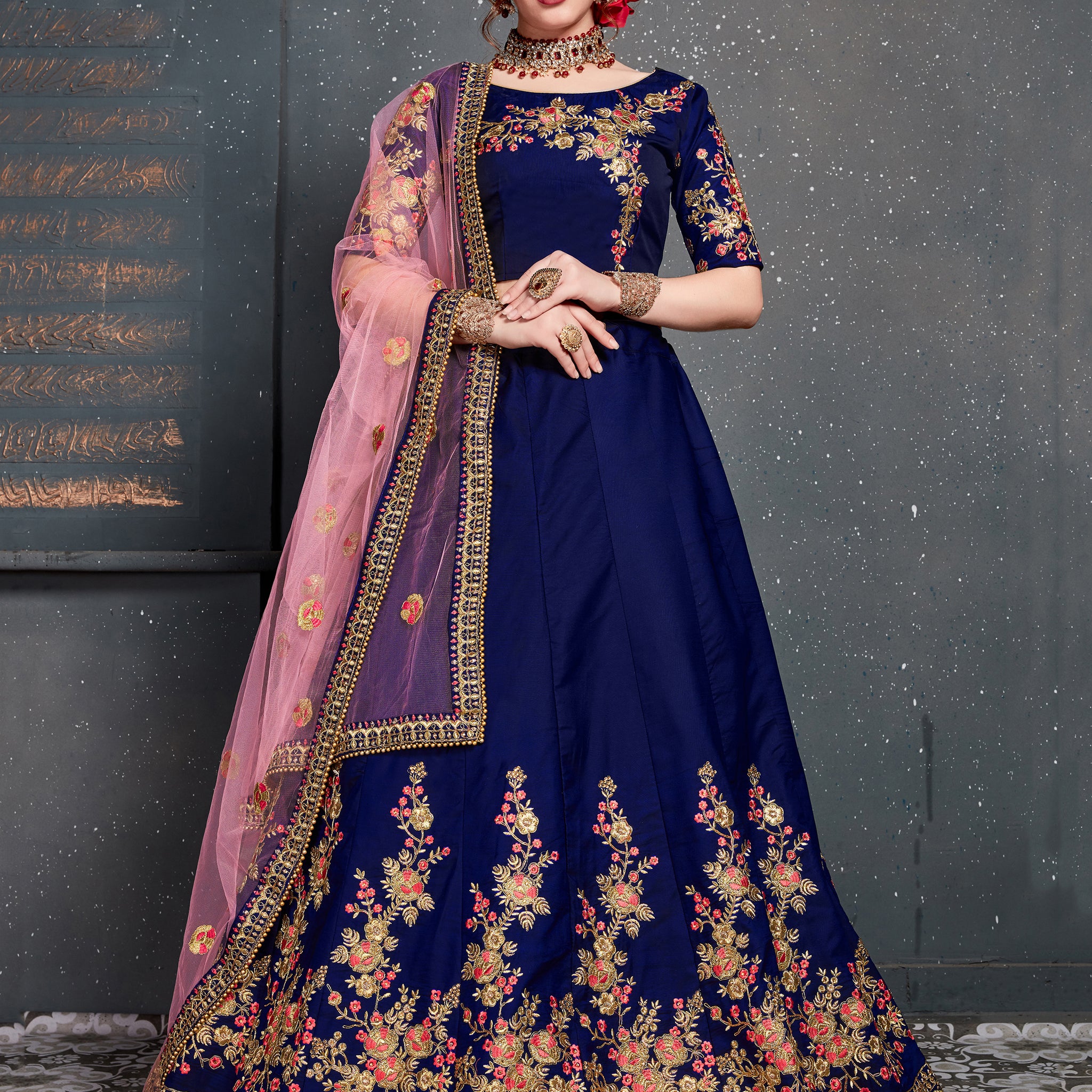 Adorable Navy Blue Floral Embroidered Velvet Wedding Lehenga Choli