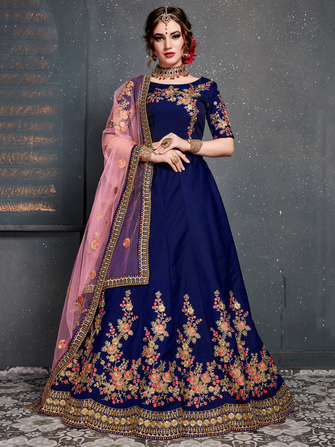 Adorable Navy Blue Floral Embroidered Velvet Wedding Lehenga Choli