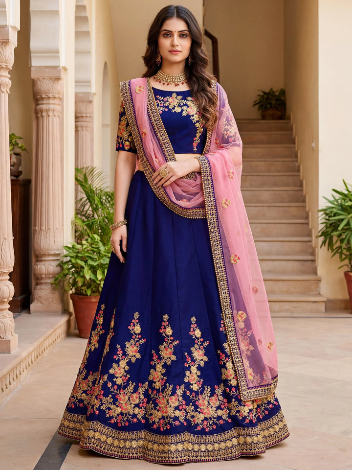 Adorable Navy Blue Thread Embroidery Satin Lehenga Choli With Dupatta