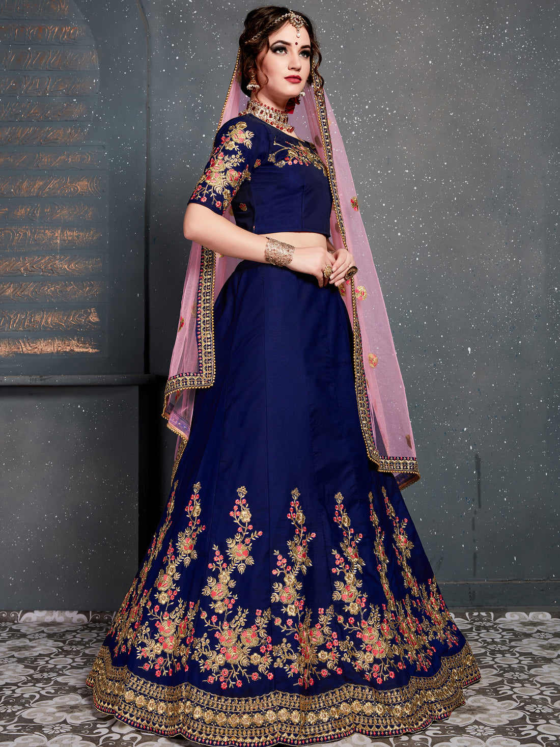 Adorable Navy Blue Floral Embroidered Velvet Wedding Lehenga Choli