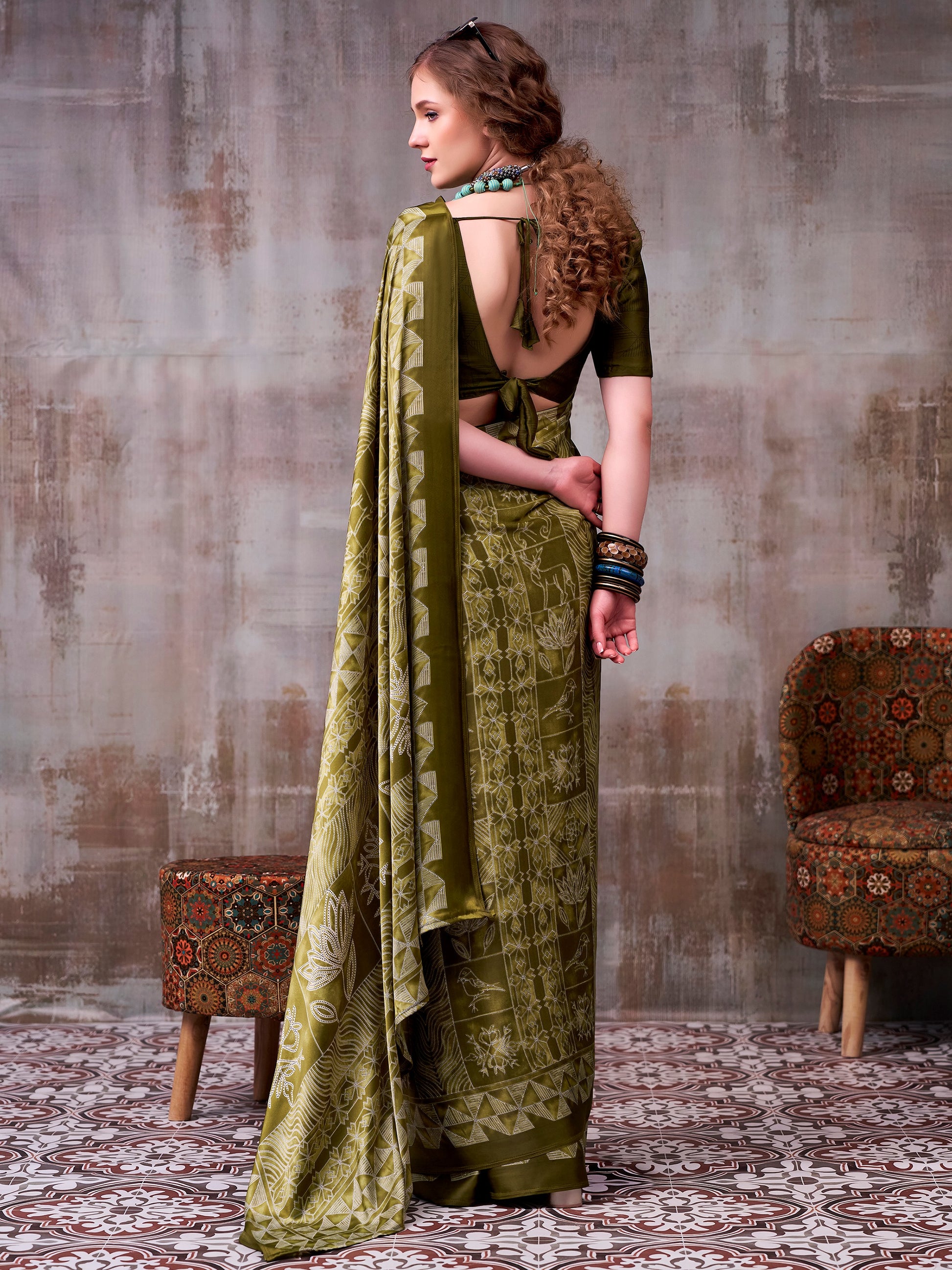Wonderful Olive Green Satin Printed Party Wear Saree With Blouse