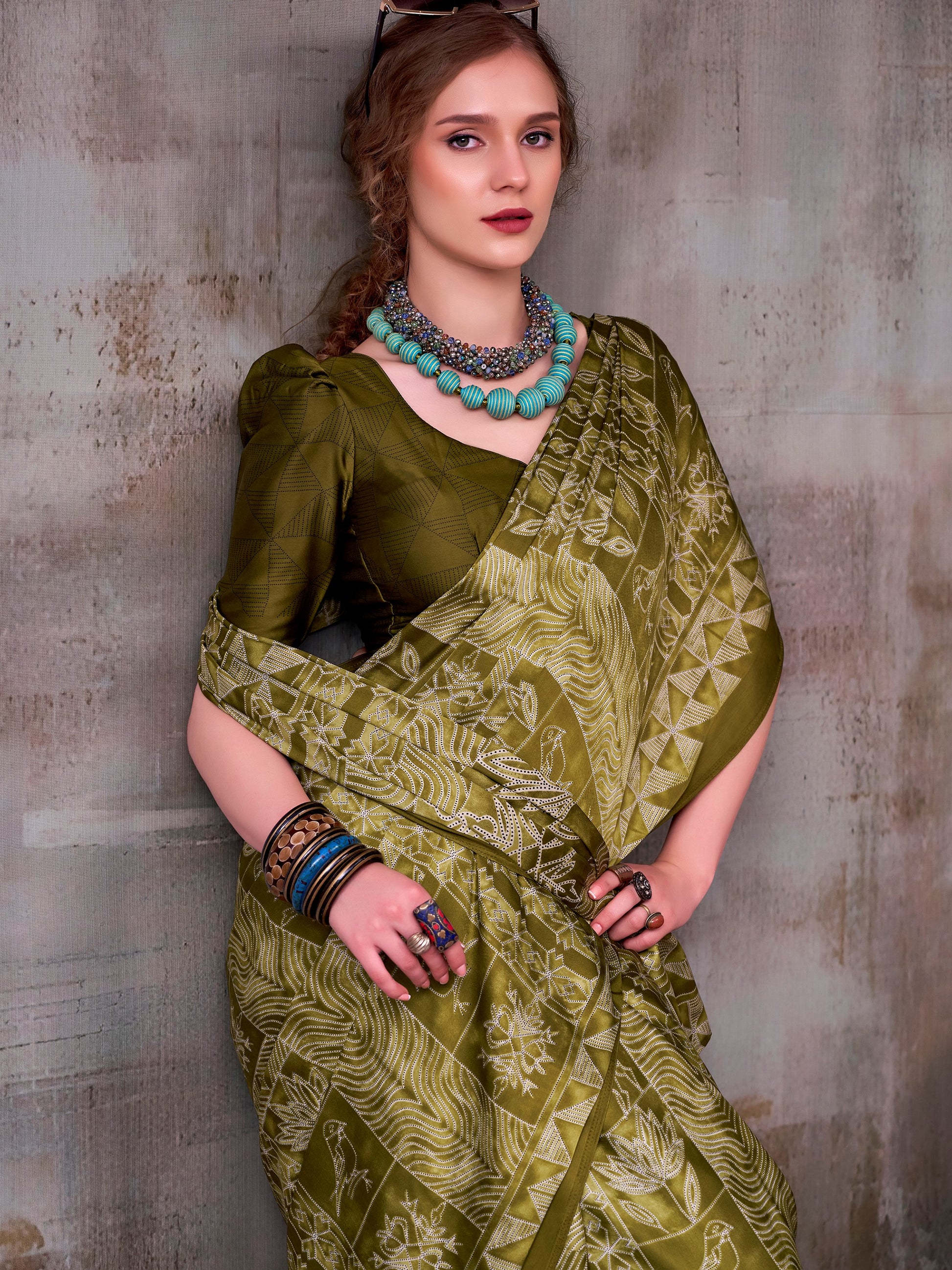 Wonderful Olive Green Satin Printed Party Wear Saree With Blouse