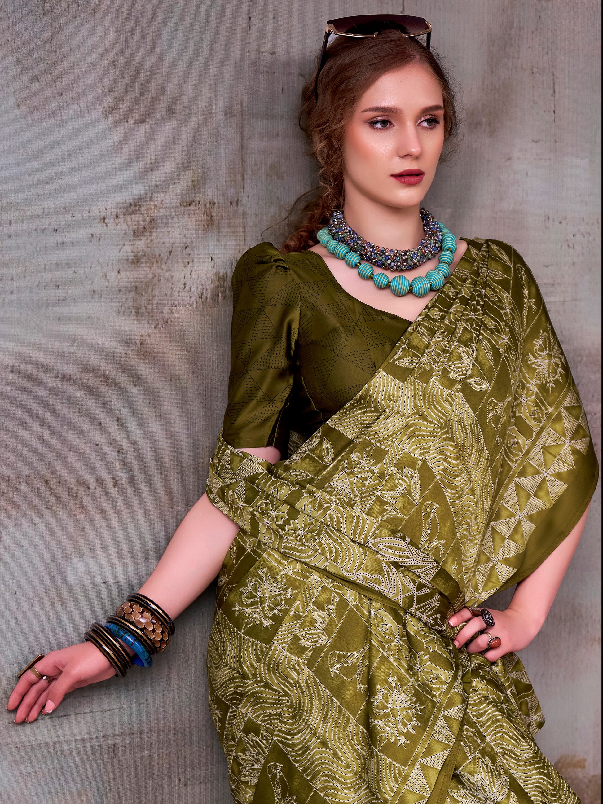 Wonderful Olive Green Satin Printed Party Wear Saree With Blouse