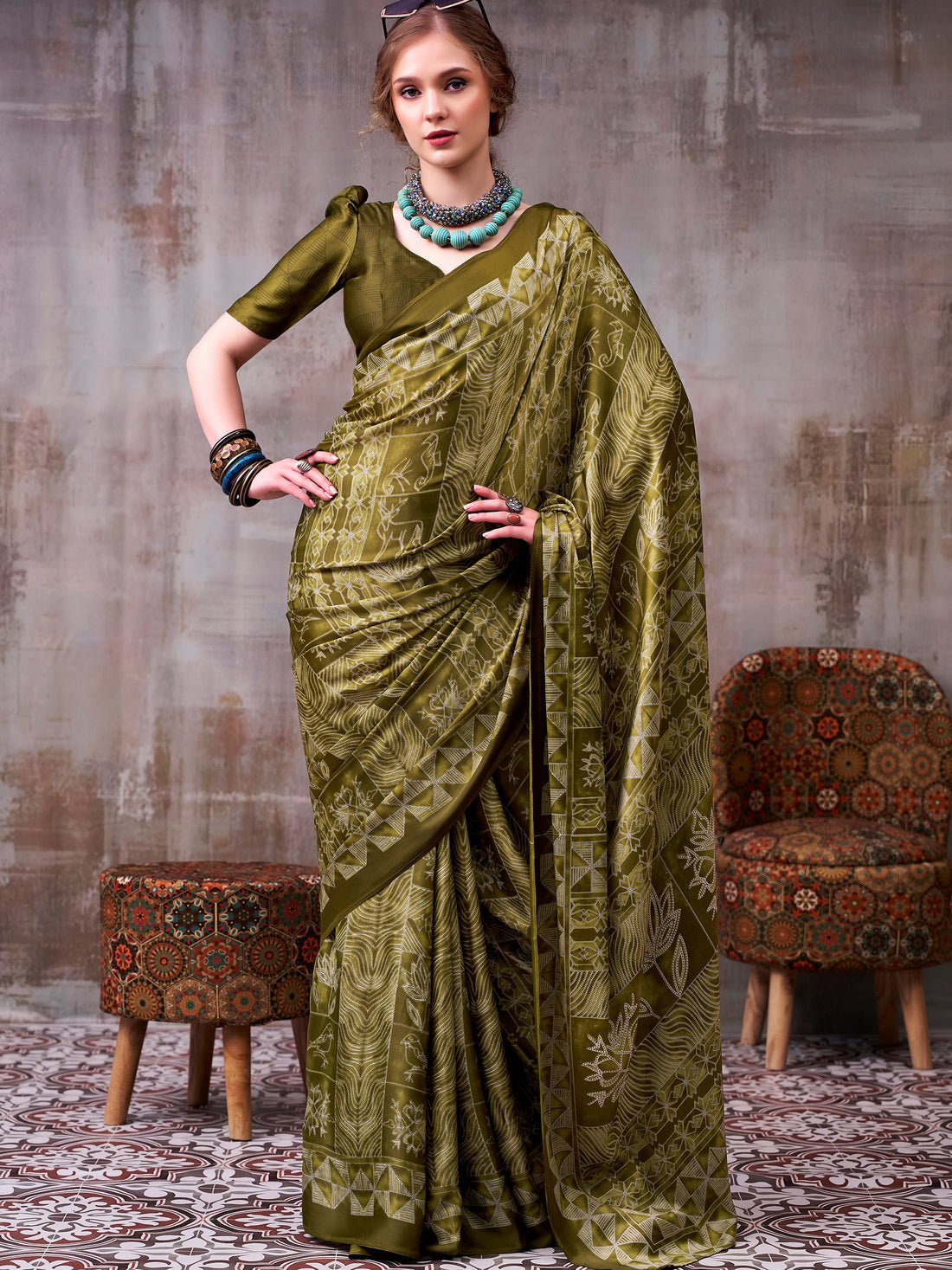 Wonderful Olive Green Satin Printed Party Wear Saree With Blouse