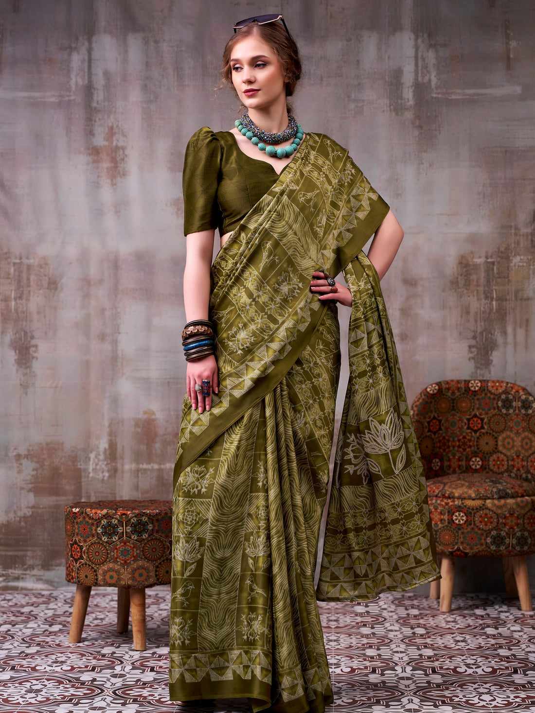 Wonderful Olive Green Satin Printed Party Wear Saree With Blouse