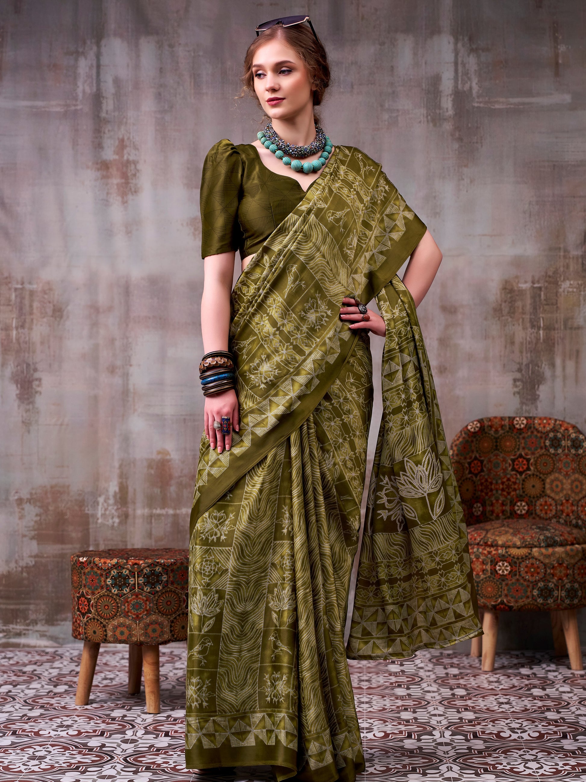 Wonderful Olive Green Satin Printed Party Wear Saree With Blouse