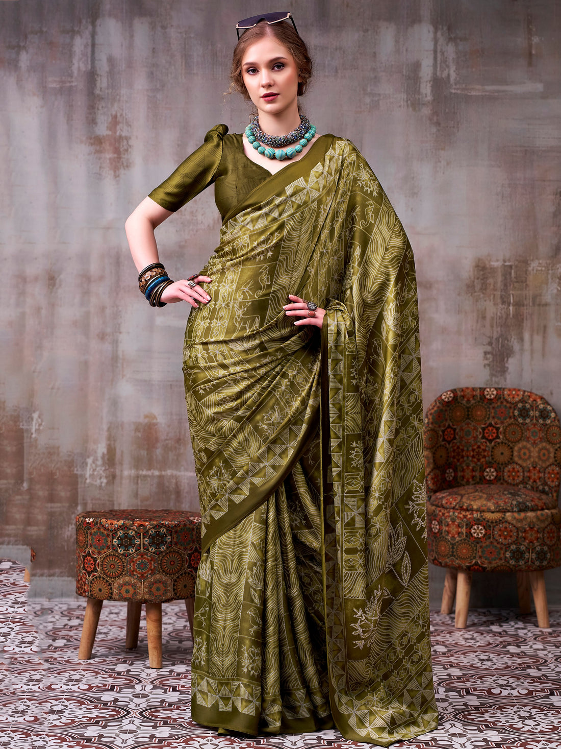 Wonderful Olive Green Satin Printed Party Wear Saree With Blouse