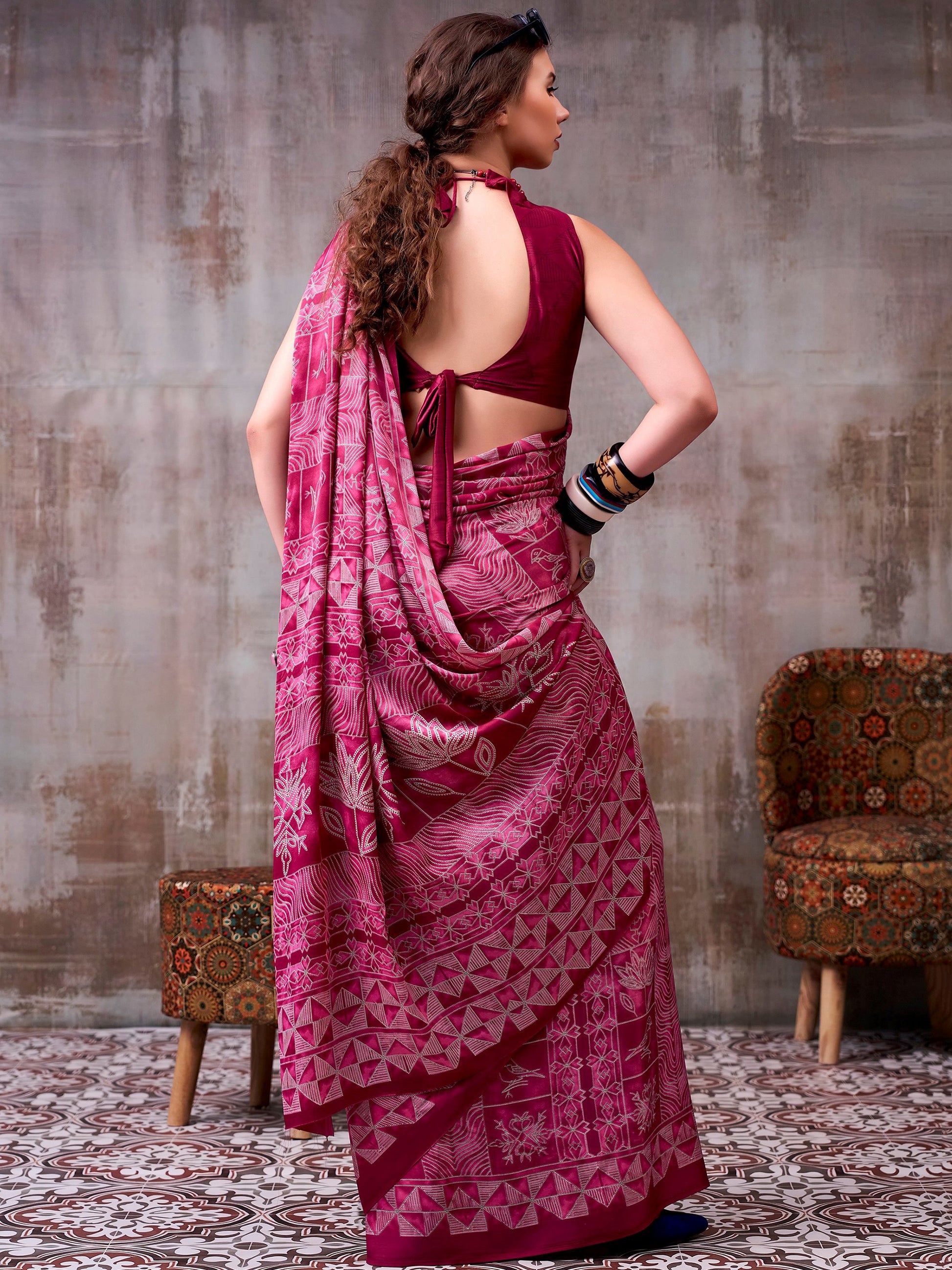 Precious Pink Printed Satin Casual Wear Saree With Blouse