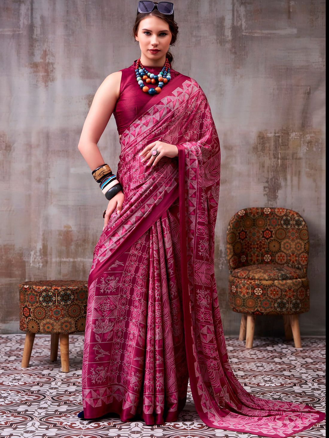 Precious Pink Printed Satin Casual Wear Saree With Blouse