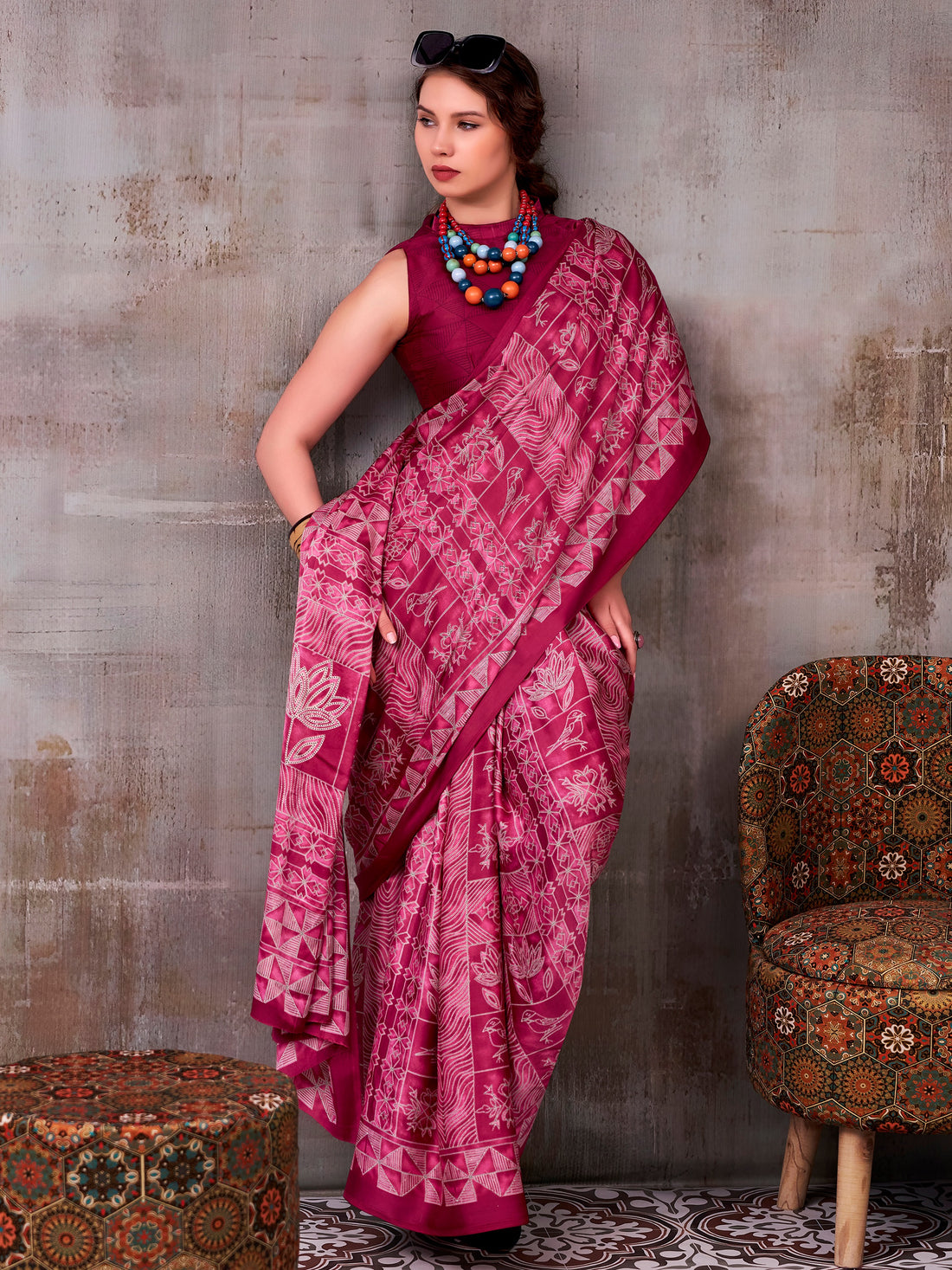 Precious Pink Printed Satin Casual Wear Saree With Blouse