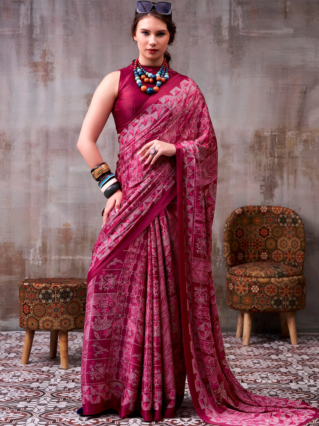 Precious Pink Printed Satin Casual Wear Saree With Blouse