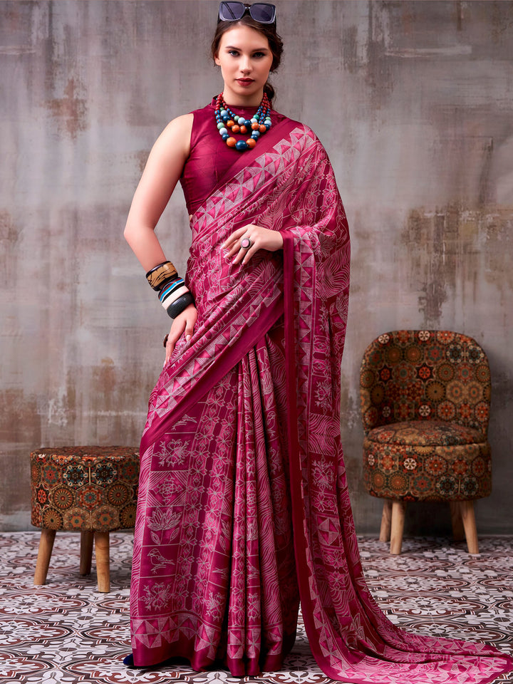 Precious Pink Printed Satin Casual Wear Saree With Blouse