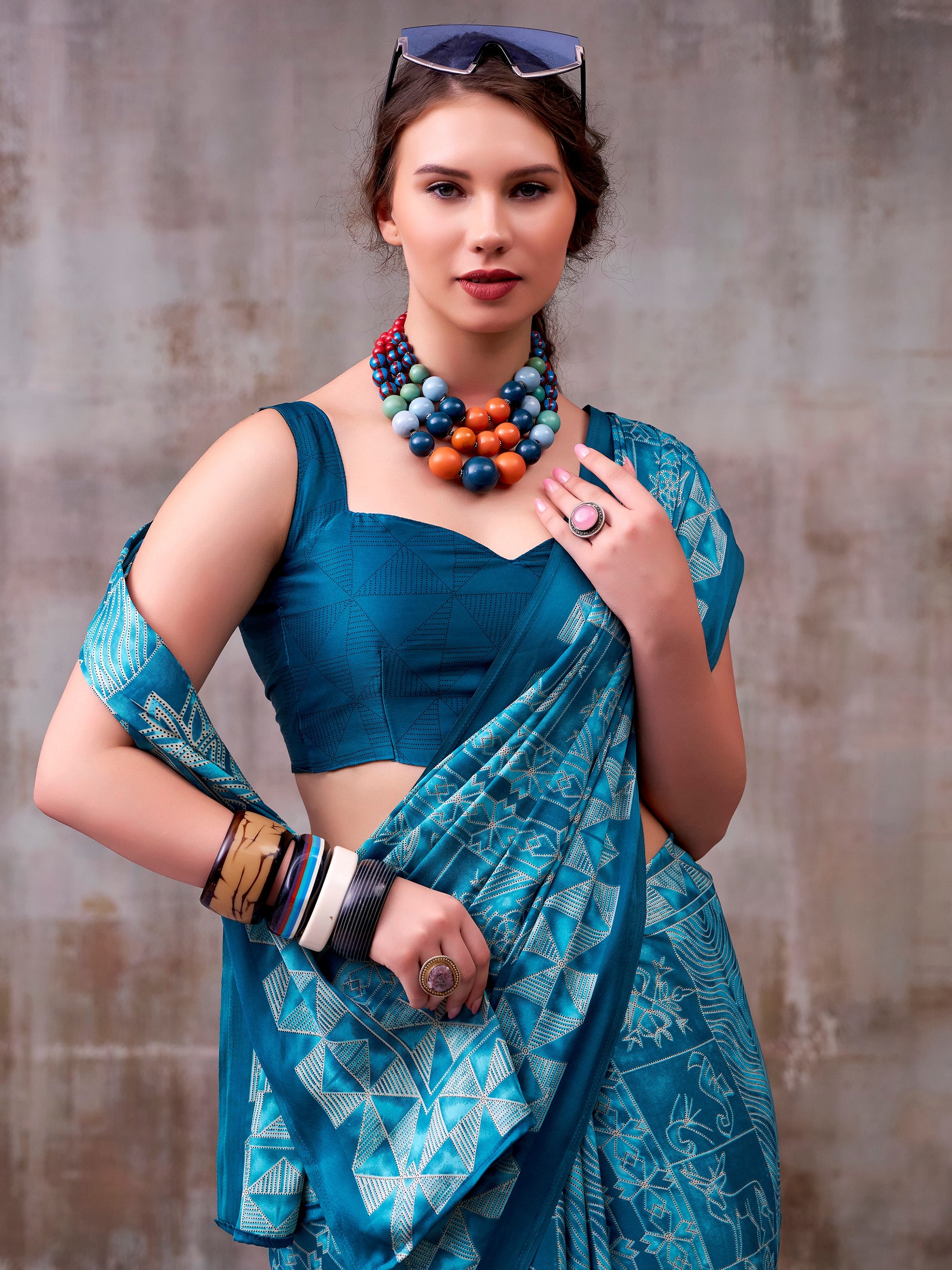 Dazzling Sky-Blue Printed Satin Function Wear Saree With Blouse