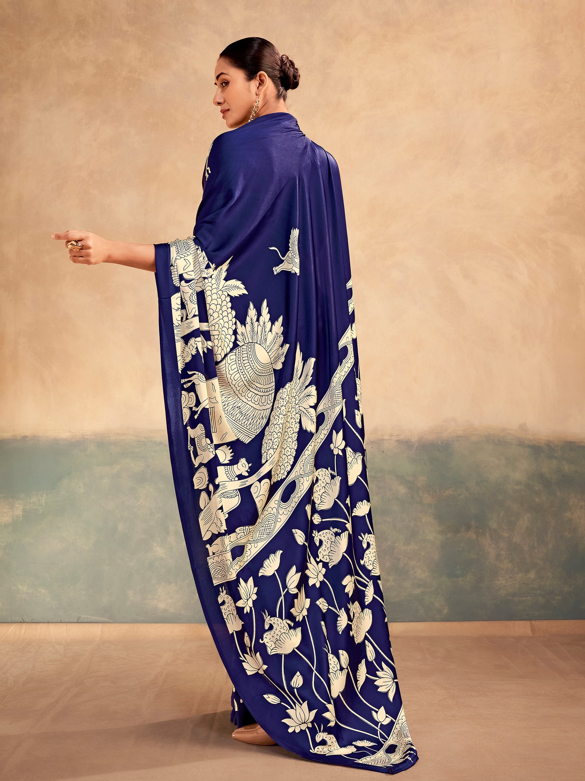 Amazing Blue Kalamkari Printed Satin Festive Wear Saree With Blouse