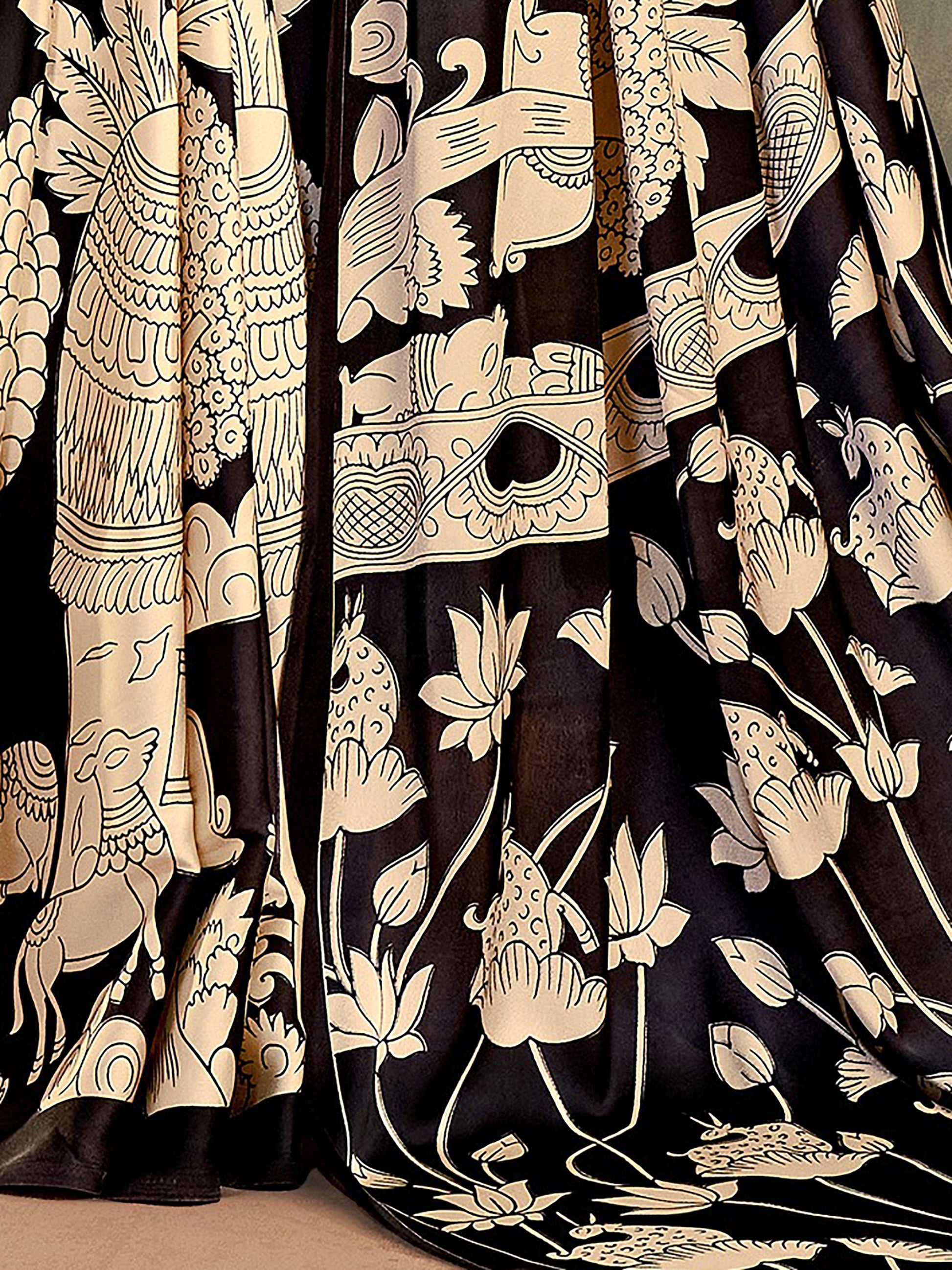 Precious Black Floral Printed Satin Festive Wear Saree with Blouse