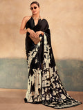 Precious Black Floral Printed Satin Festive Wear Saree with Blouse