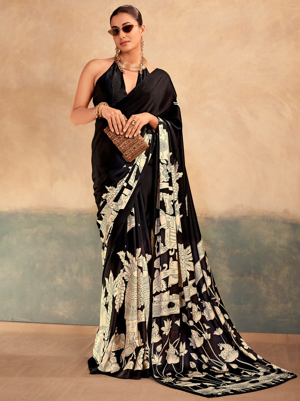 Precious Black Floral Printed Satin Festive Wear Saree with Blouse