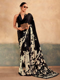 Precious Black Floral Printed Satin Festive Wear Saree with Blouse
