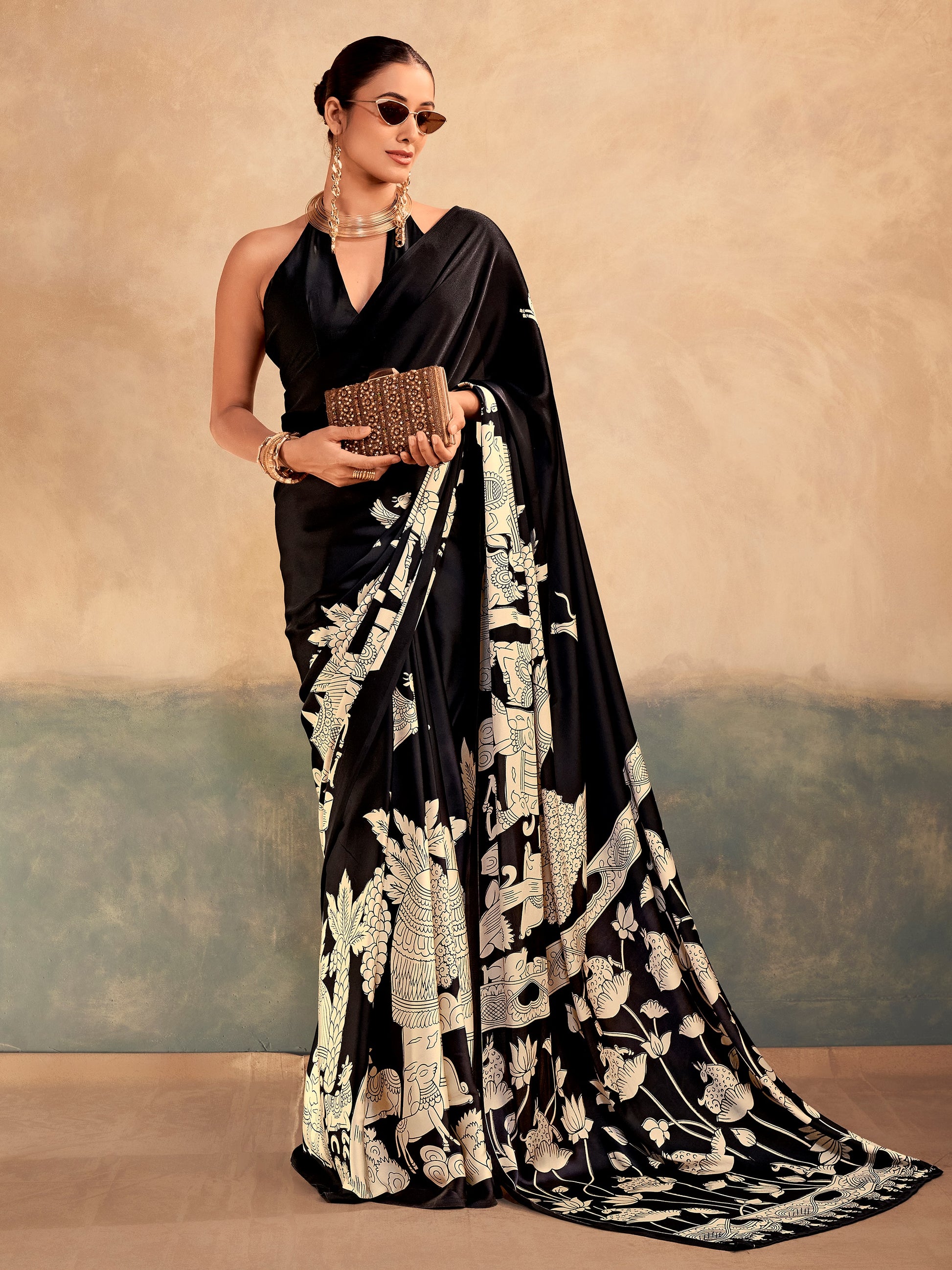 Precious Black Floral Printed Satin Festive Wear Saree with Blouse