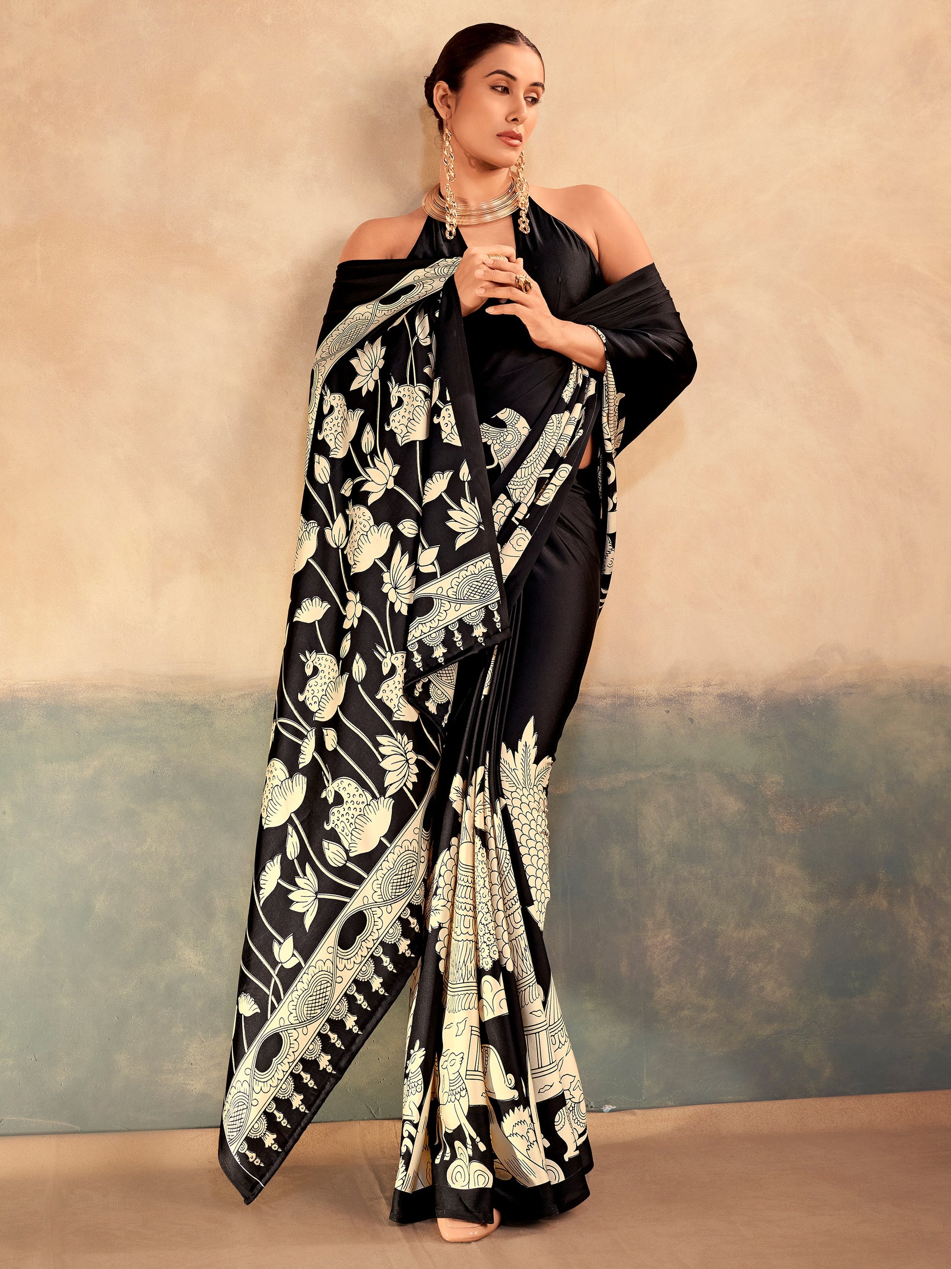 Precious Black Floral Printed Satin Festive Wear Saree with Blouse