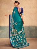 Charming Blue Printed Satin Cultural Wear Saree With Blouse