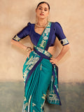 Charming Blue Printed Satin Cultural Wear Saree With Blouse
