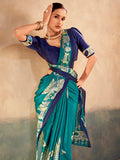 Charming Blue Printed Satin Cultural Wear Saree With Blouse