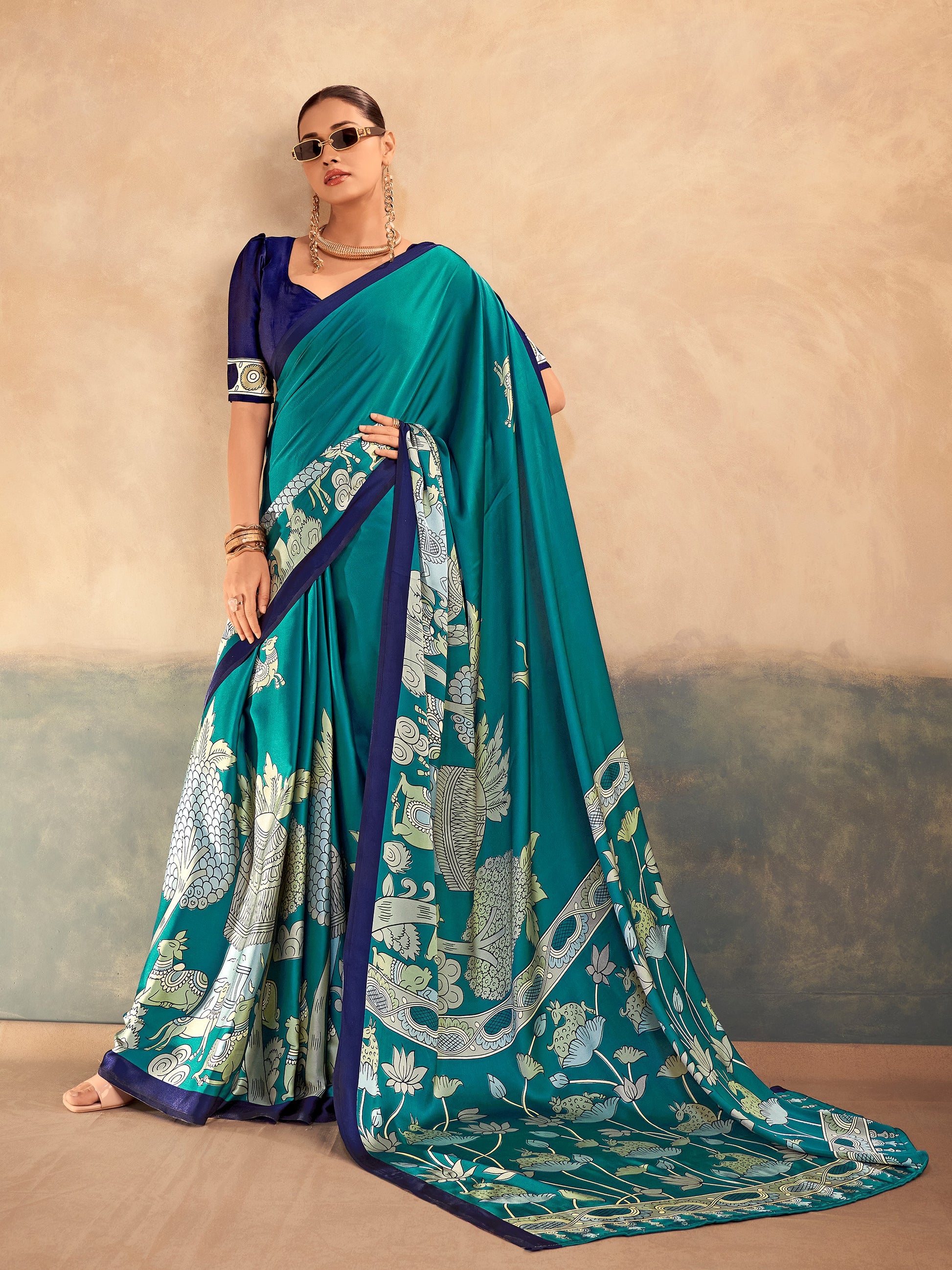 Charming Blue Printed Satin Cultural Wear Saree With Blouse