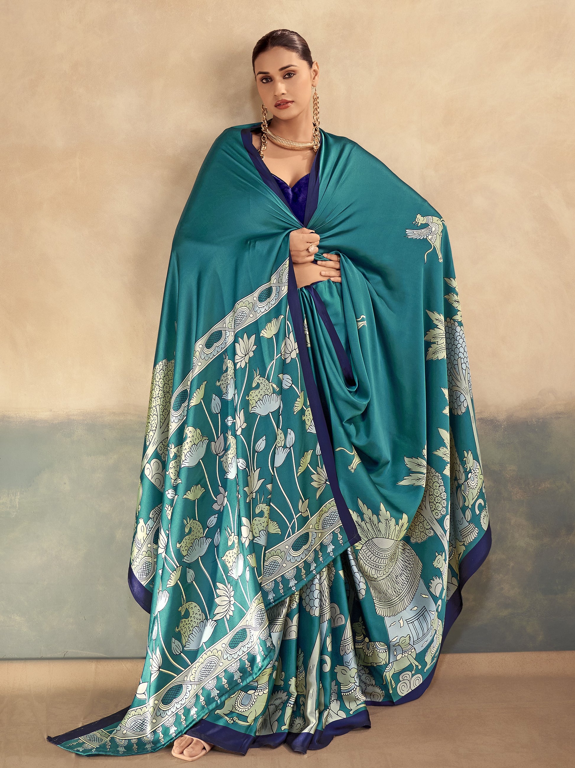 Charming Blue Printed Satin Cultural Wear Saree With Blouse