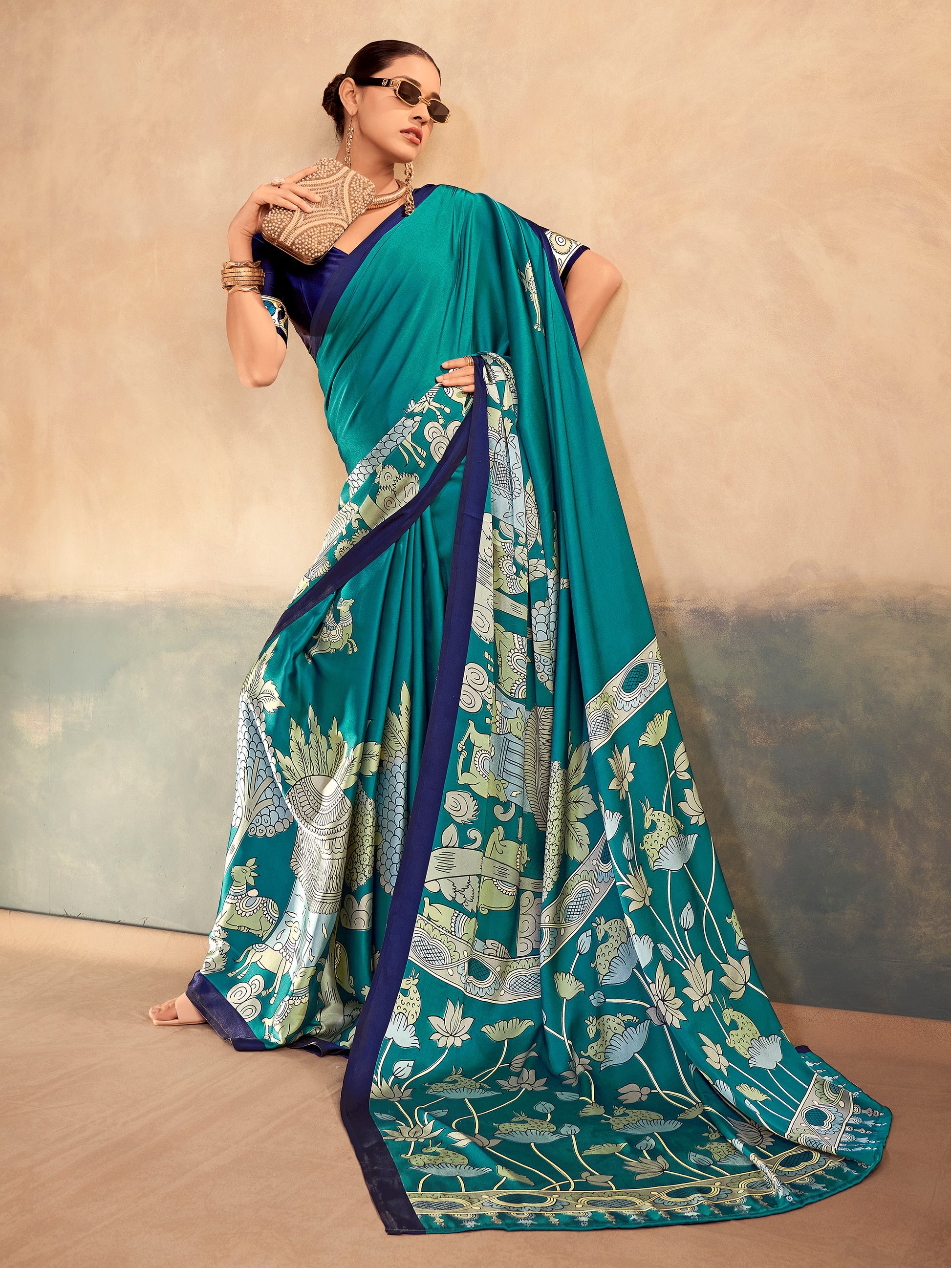 Charming Blue Printed Satin Cultural Wear Saree With Blouse